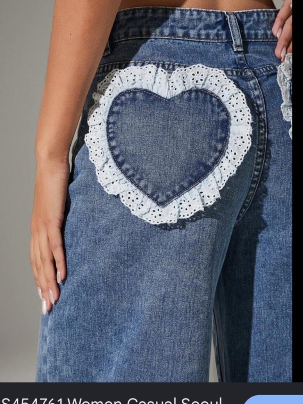 Blue Denim Wide-Leg Jeans with Heart Patch